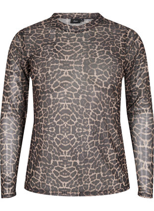 Zizzi Bluse i mesh med leopardmønster, Brun, Packshot image number 0