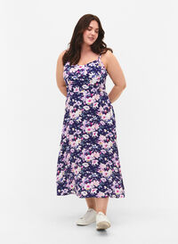 Blomstrete kjole med stropper i viskose med smock, Blue Flower, Model