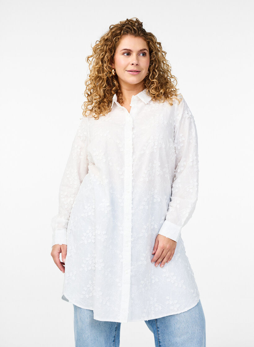 Skjortekjole med broderte blomster, Hvit, Model image number 0