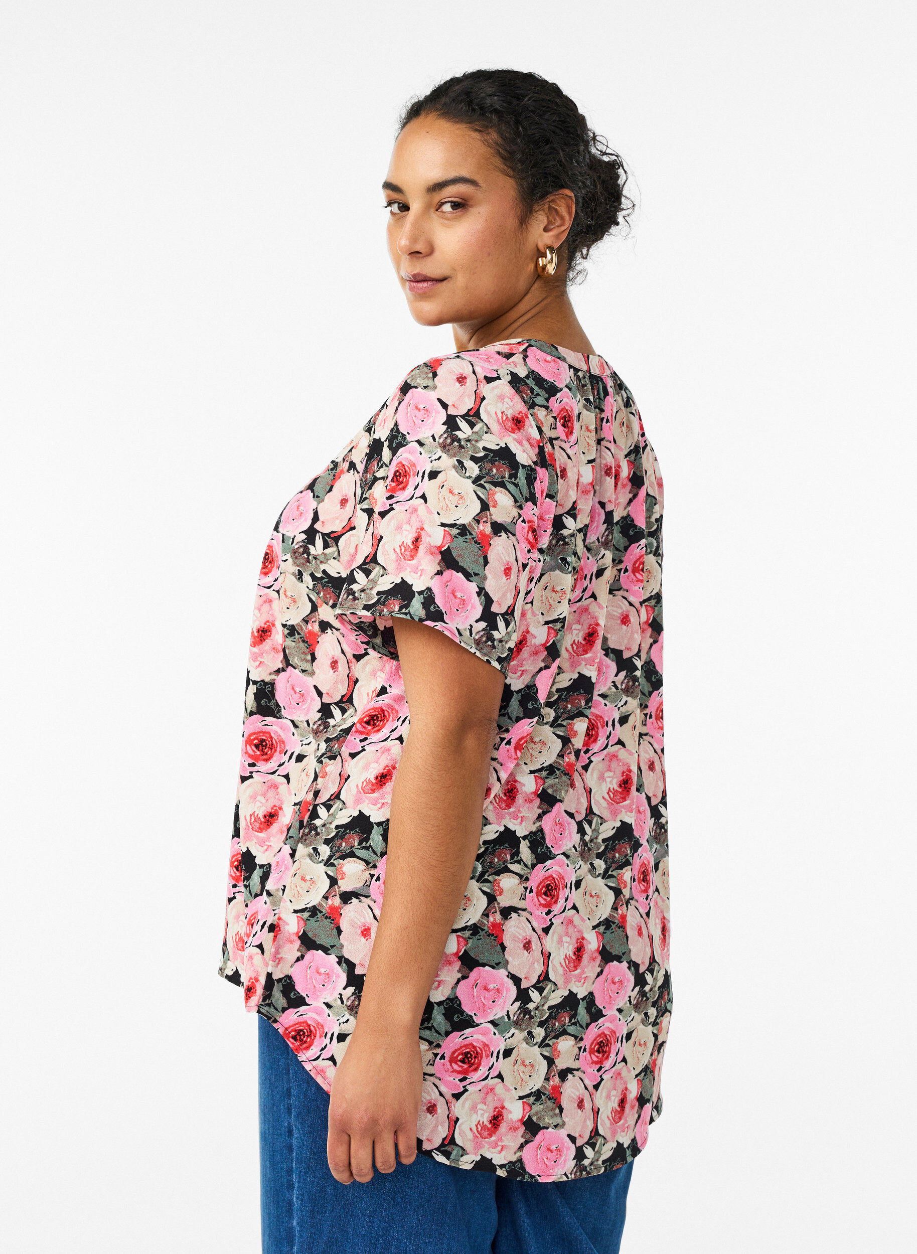 Zizzi Bluse med korte ermer og V-hals, Rosa, Model image number 2