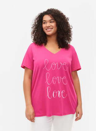 T-skjorte i bomull med V-hals og trykk, Fuchsia Purple Love, Model image number 0