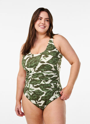 Zizzi Badedrakt med palmetrykk og rynkede detaljer, Grønn, Model image number 0
