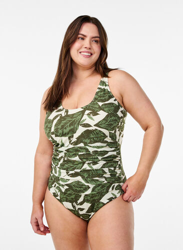 Zizzi Badedrakt med palmetrykk og rynkede detaljer, Grønn, Model image number 0