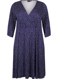 Blomstret omslagskjole med 3/4 ermer, Evening Blue Ditsy