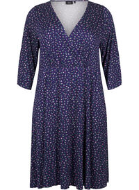 Blomstret omslagskjole med 3/4 ermer, Evening Blue Ditsy Blomstret omslagskjole med 3/4 ermer