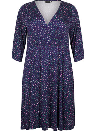 Zizzi Blomstret omslagskjole med 3/4 ermer, Evening Blue Ditsy, Packshot image number 0