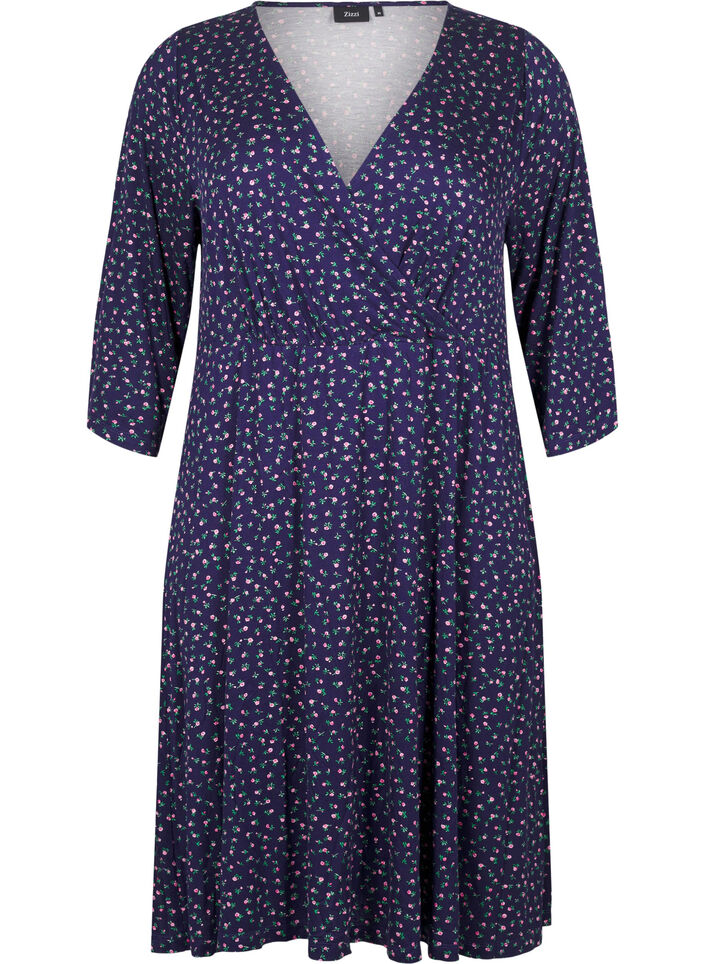 Blomstret omslagskjole med 3/4 ermer, Evening Blue Ditsy, Packshot image number 0