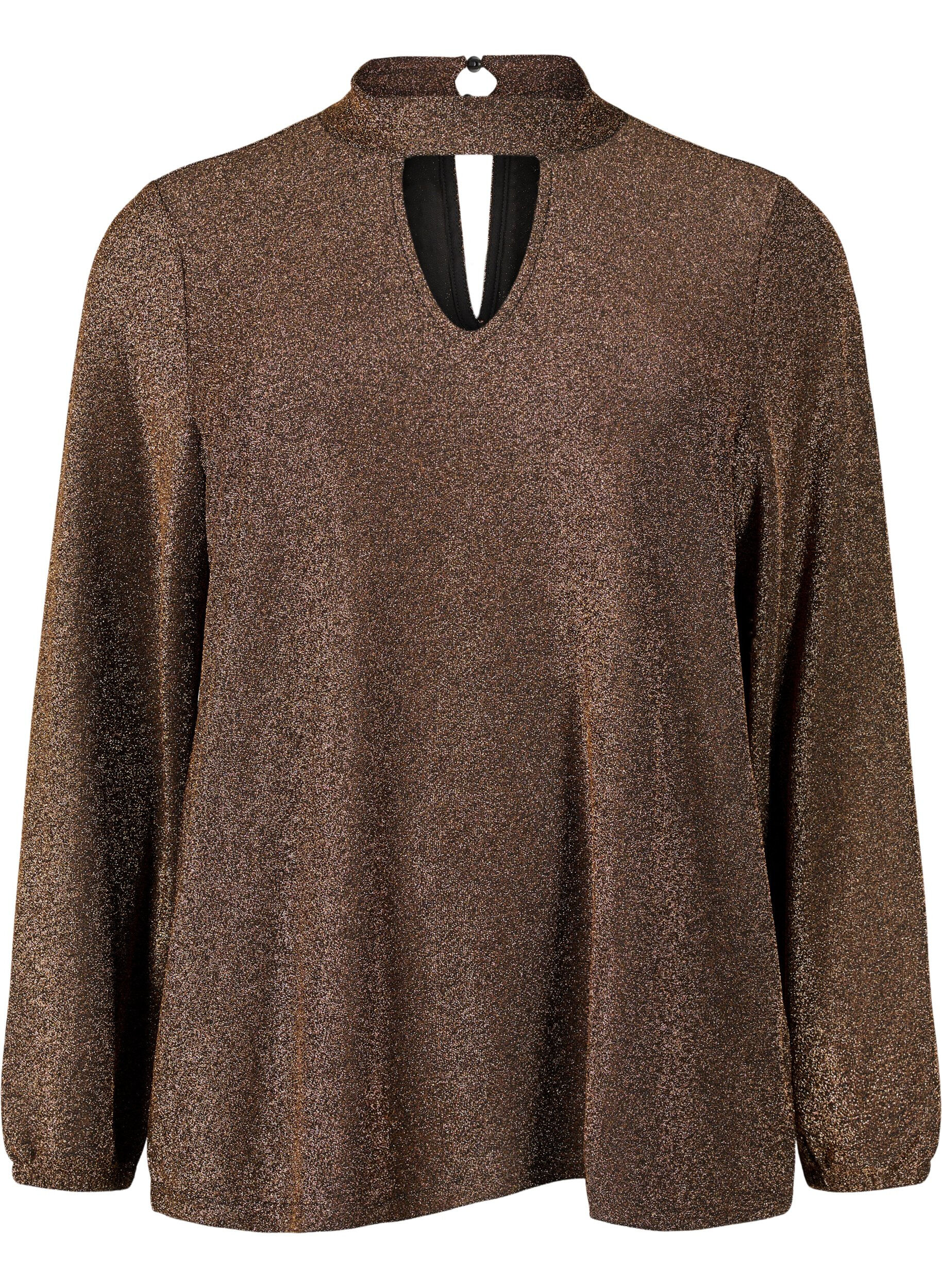 ZizziLangermet bluse med glitter, rund hals og V-detalj, Black Copper, Packshot image number 0