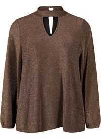 Langermet bluse med glitter, rund hals og V-detalj