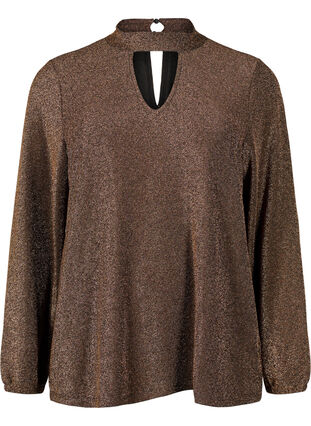 Langermet bluse med glitter, rund hals og V-detalj, Black Copper, Packshot image number 0