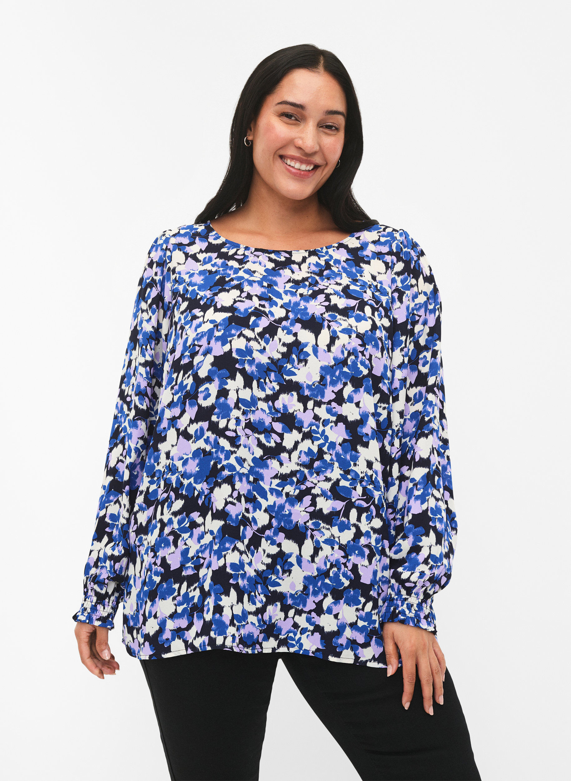 Zizzi FLASH - Bluse med lange ermer og trykk	, Blue Purple Flower, Model image number 0