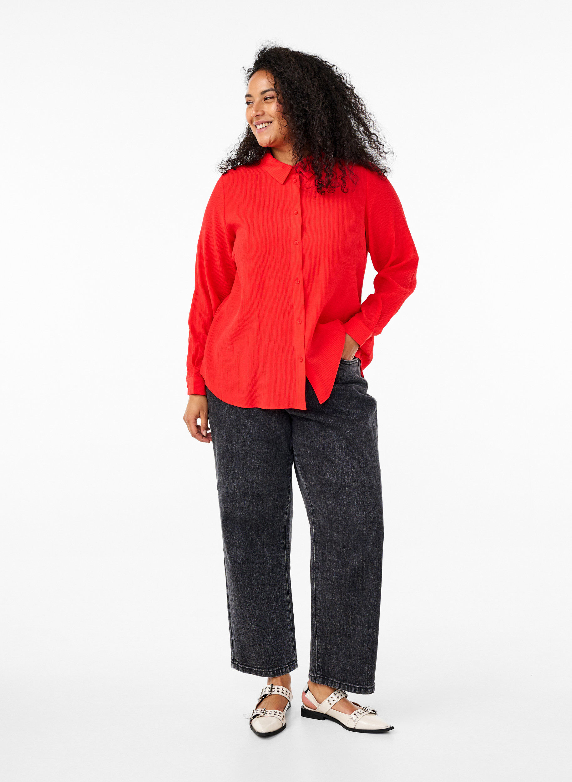 Zizzi Skjorte med stripet tekstur, R&oslash;d, Model image number 1