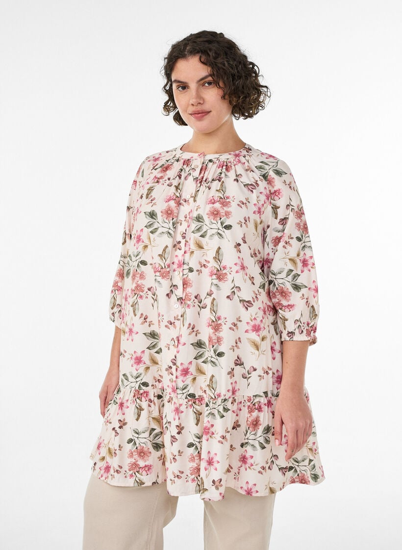 A-linjeformet tunika i viskose med 3/4 ermer, Vanilje, Model image number 0