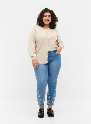 Ribbet cardigan med knappelukking, Pumice Stone, Model image number 2