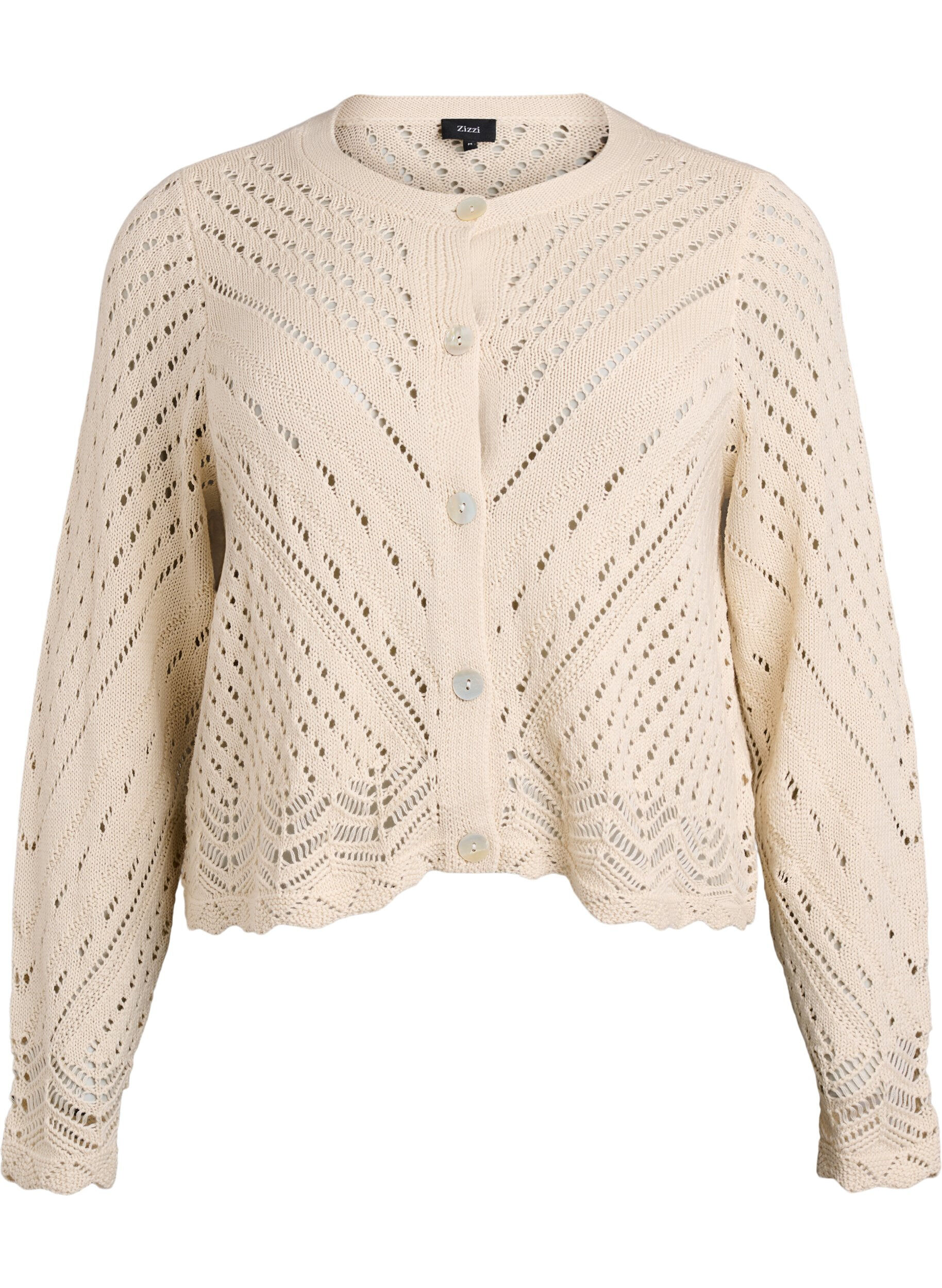Zizzi Kort strikket cardigan med hullm&oslash;nster, Sandshell, Packshot image number 0