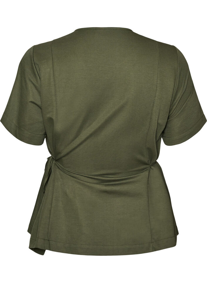 Bluse i bomullsblanding med V-hals og knyteb&aring;nd, Gr&oslash;nn, Packshot image number 1