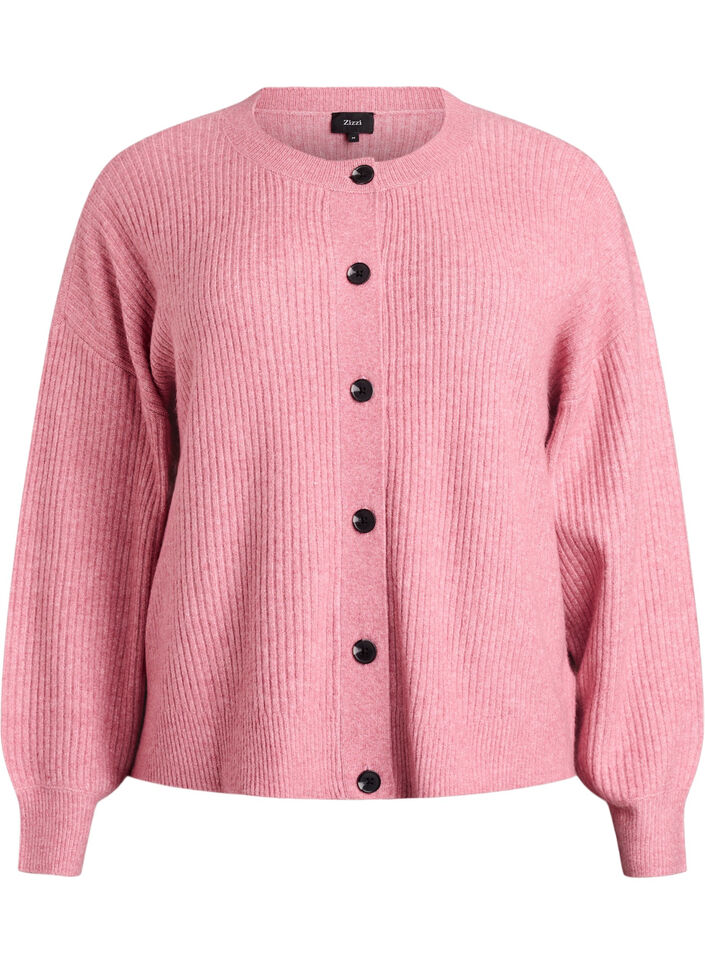 Ribbestrikket cardigan med knapper, Rosa, Packshot image number 0