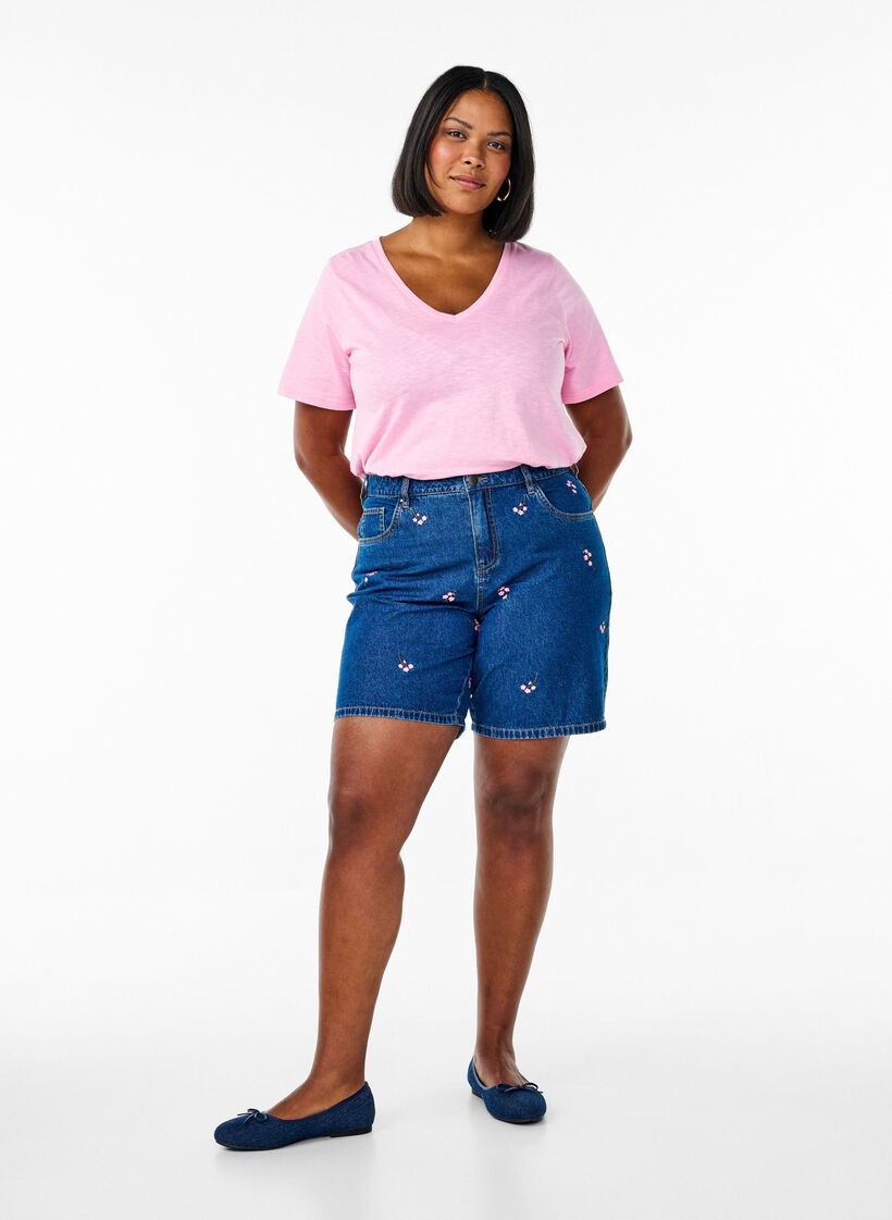 Kortermet basic t-skjorte med v-hals, Begonia Pink, Model