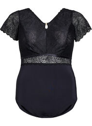 Body med blonder og korte ermer, Black