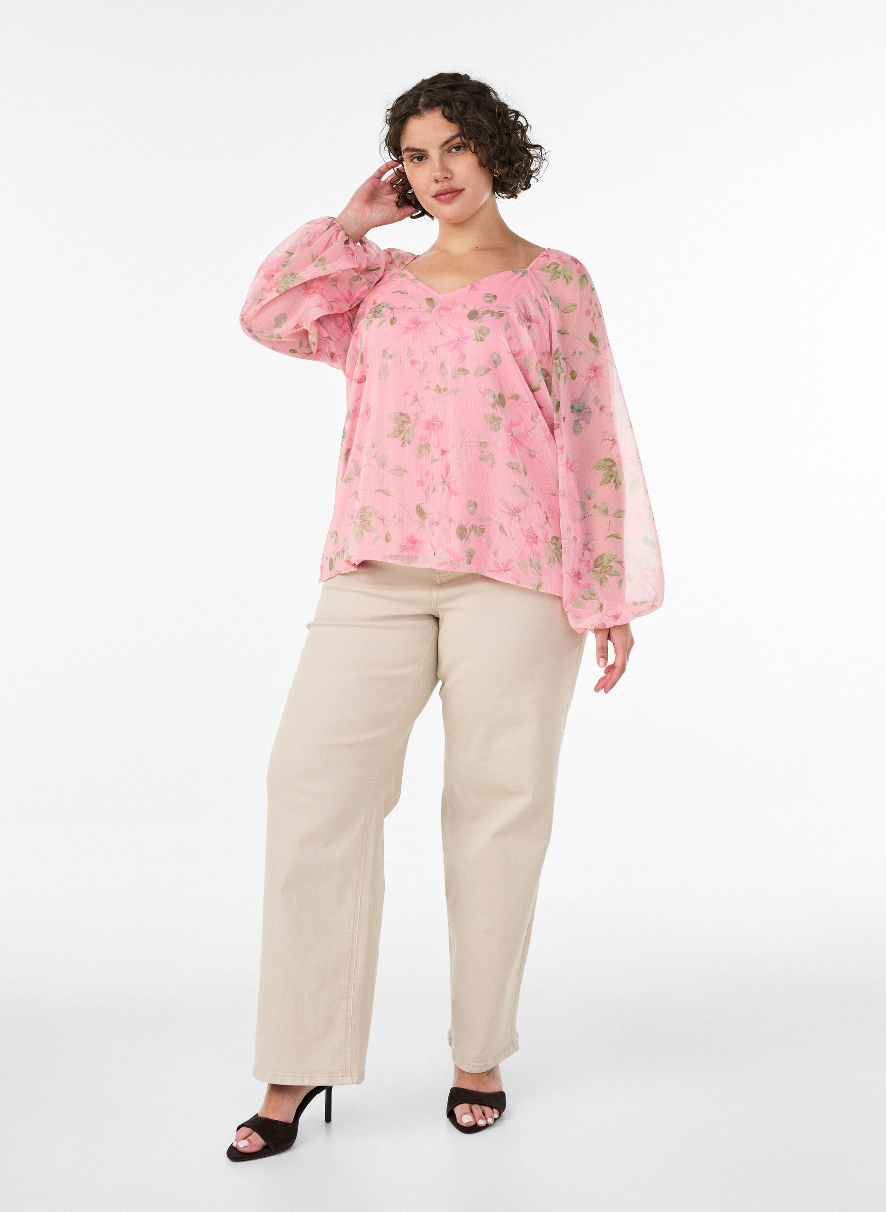 ZizziChiffonbluse med blomstertrykk og lange ermer, Rosa, Model image number 1