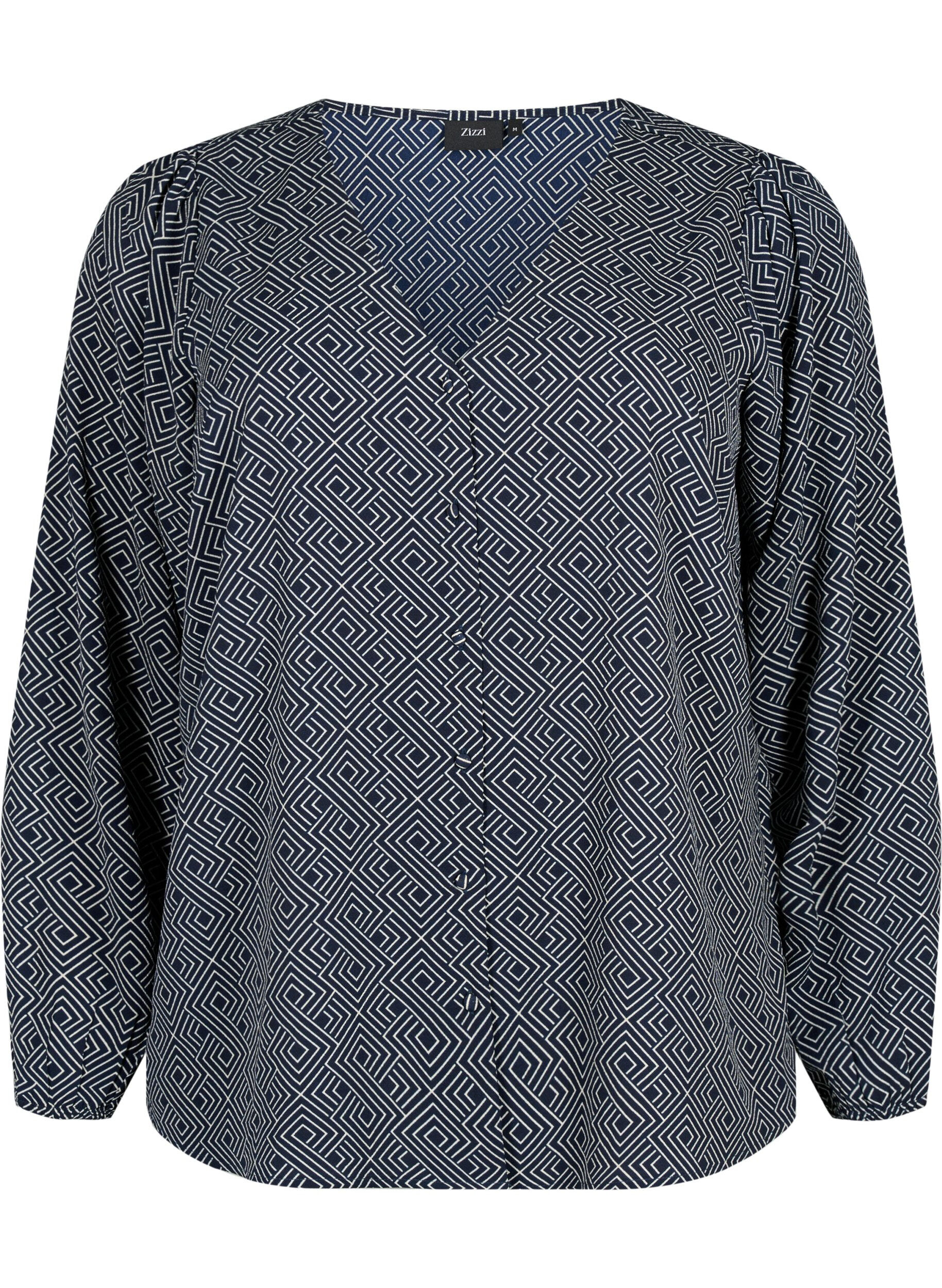 Zizzi Skjortebluse med v-hals og trykk, Navy Graphic AOP, Packshot image number 0