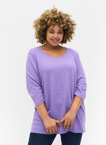 Lang bluse med rund hals og 3/4-ermer, Paisley Purple, Model image number 0