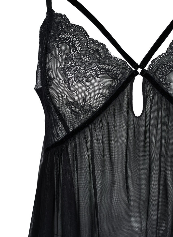 Transparent chemise med blonder, Black, Packshot image number 2