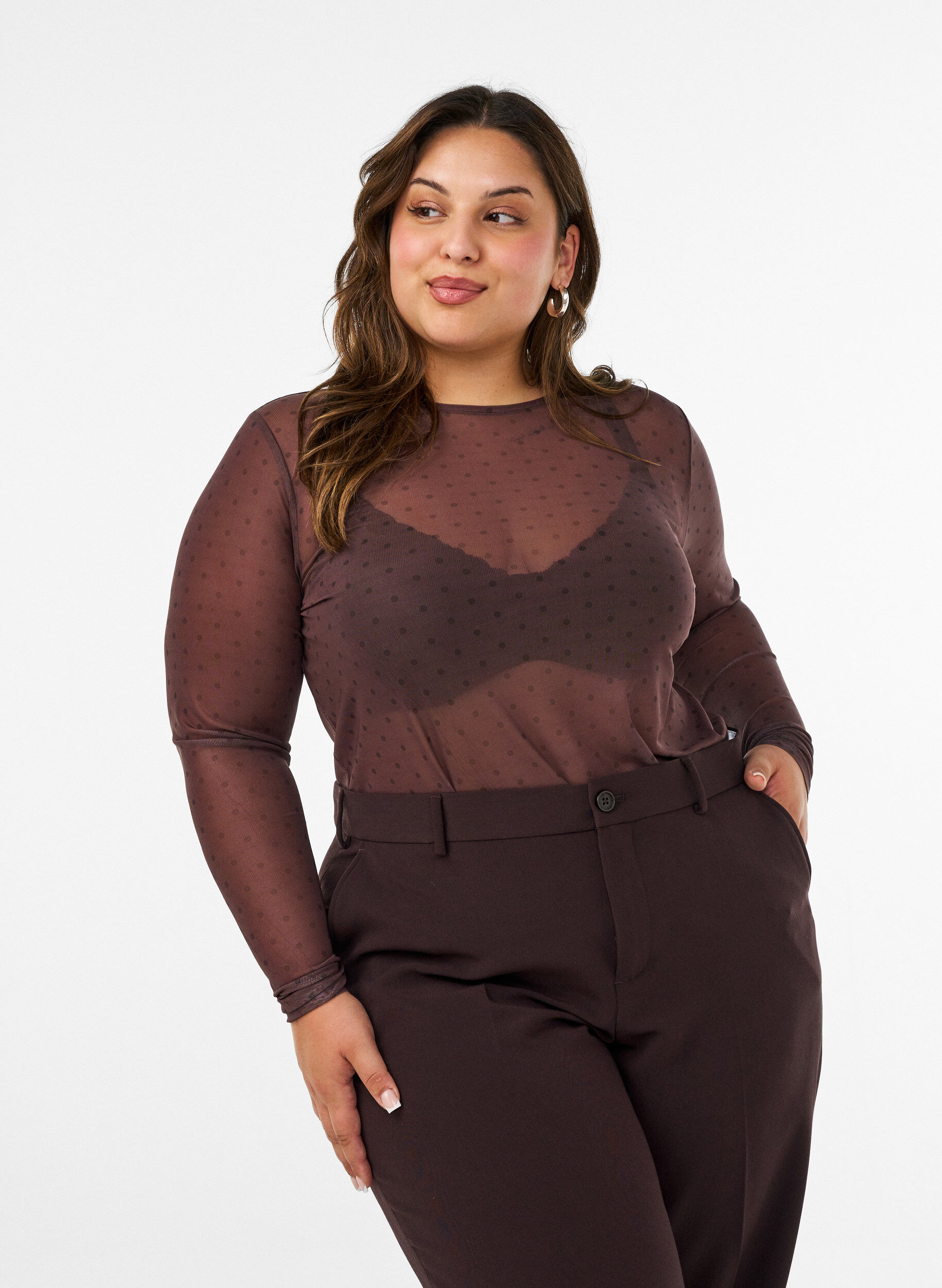 Mesh bluse med trykk, Brun, Model