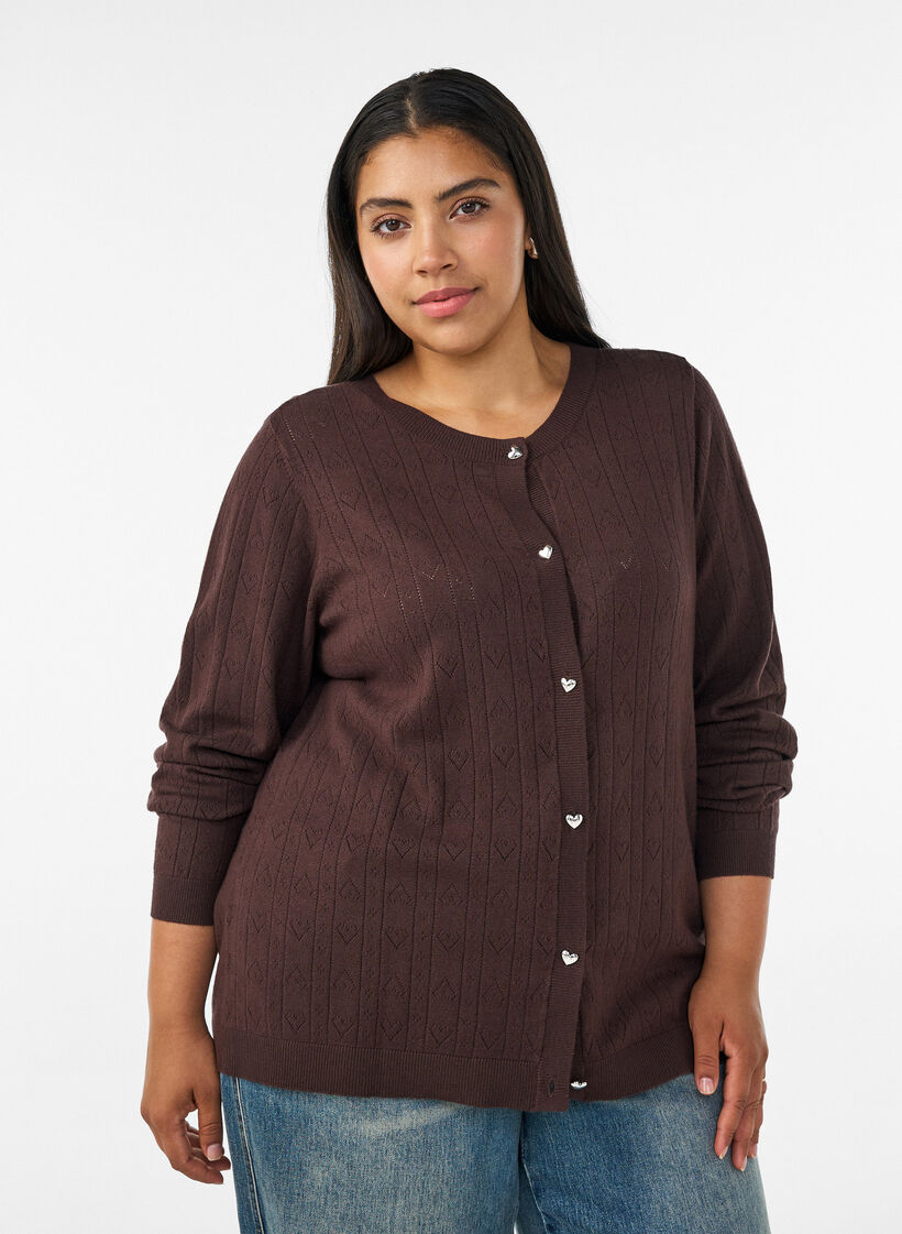 Strikket cardigan med hjerte hullbroderi, Brun, Model image number 0
