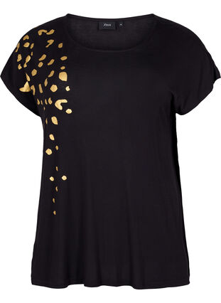Kortermet T-skjorte i viskose med gullmønster, Black Gold , Packshot image number 0