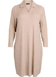 Kabelstrikkjole med V-hals, Beige