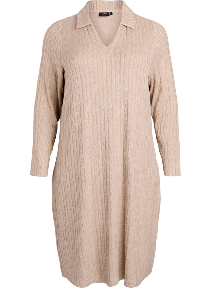 Kjole med flettestruktur og V-hals, Beige, Packshot image number 0