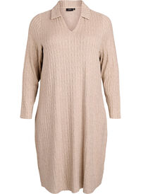 Kabelstrikkjole med V-hals, Beige Kabelstrikkjole med V-hals