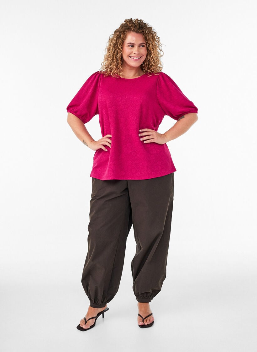 Bluse med tekstur og korte ermer, Rosa, Model image number 1