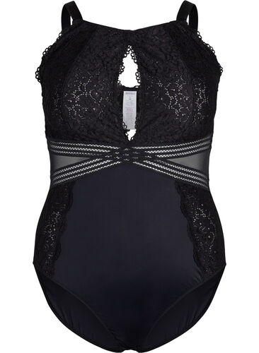 Bodystocking med blonder og utskjæringer, Black, Packshot image number 0
