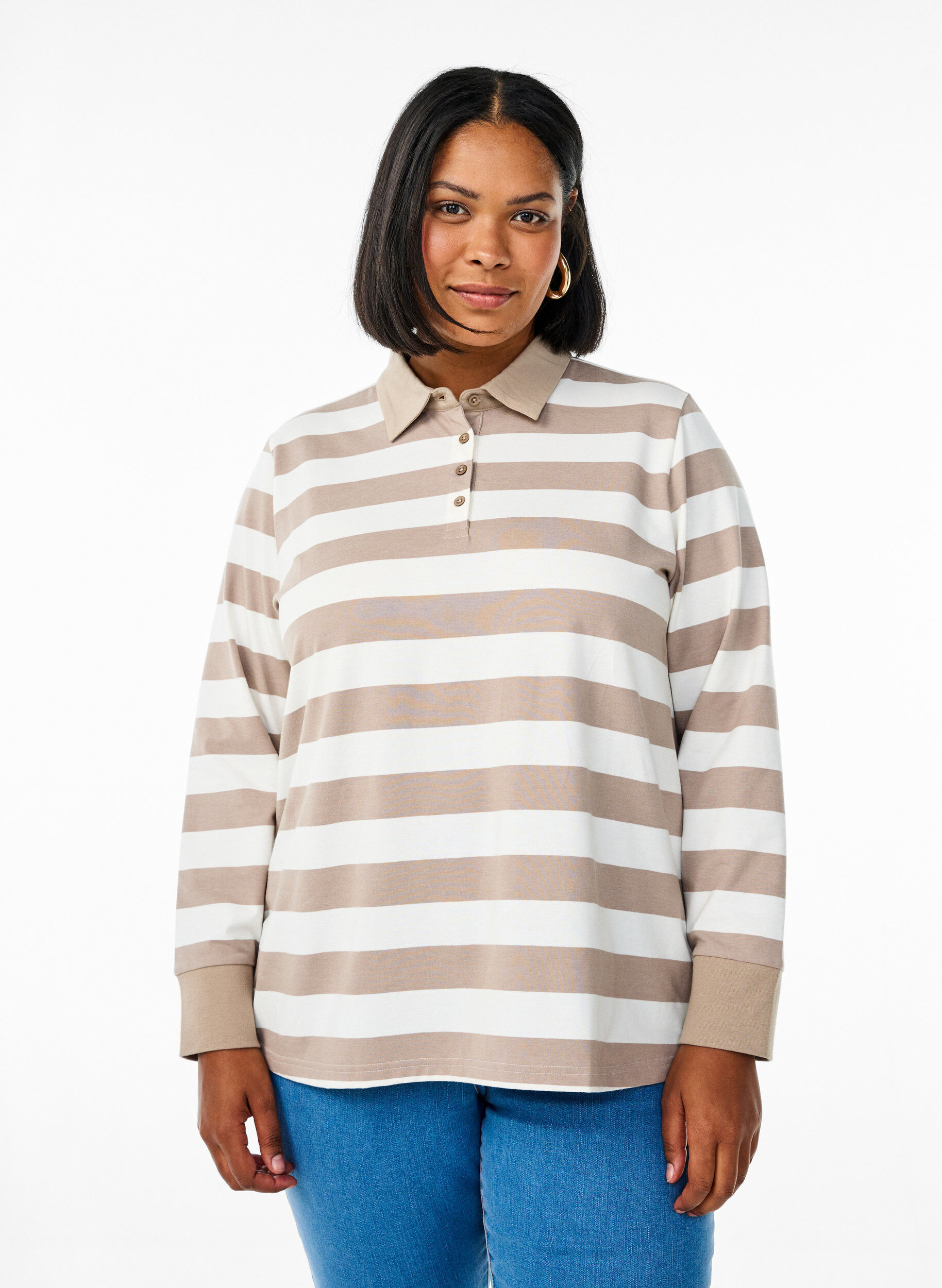 Zizzi Langermet poloskjorte med striper, Beige, Model image number 1