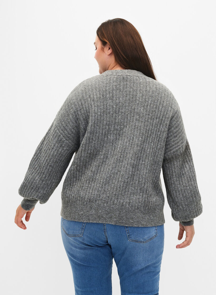 Melange cardigan i ribbestrikk, Light Grey Melange, Model image number 1