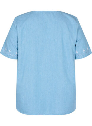 Kortermet bluse med broderi, Light blue denim, Packshot image number 1