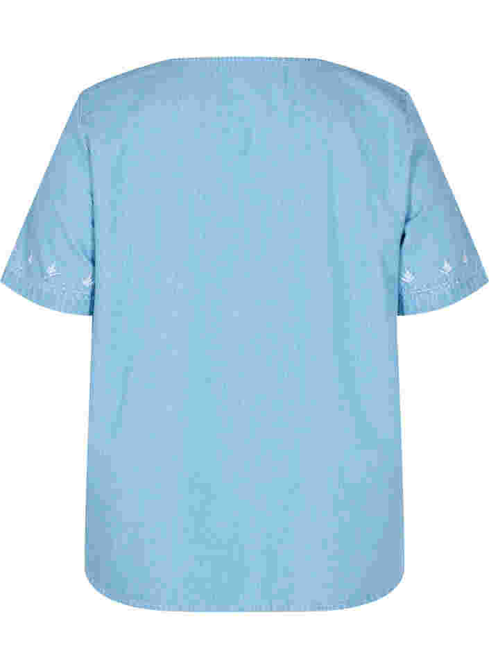 Kortermet bluse med broderi, Light blue denim, Packshot image number 1