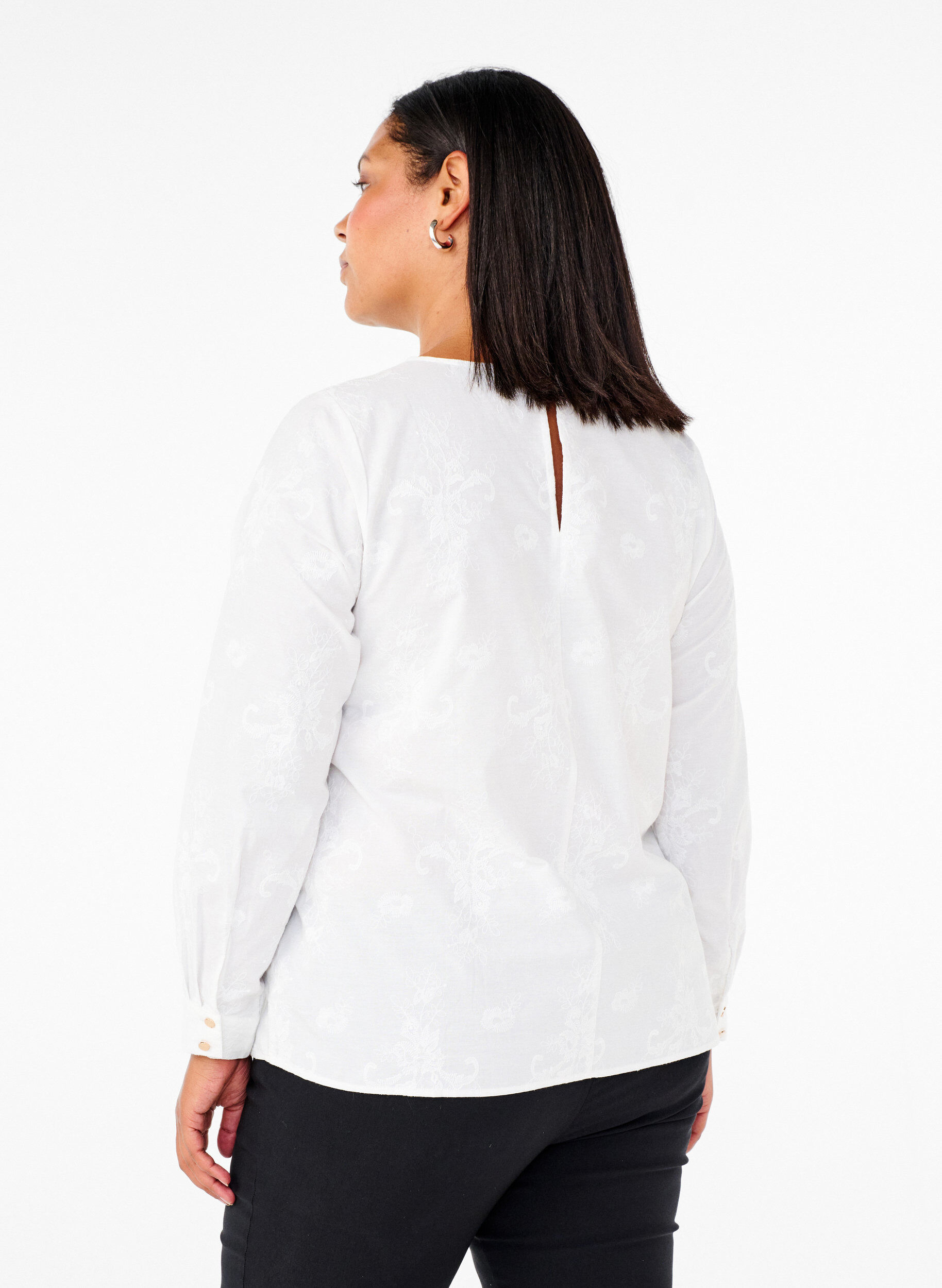 Zizzi Langermet bluse med broderi, Hvit, Model image number 2