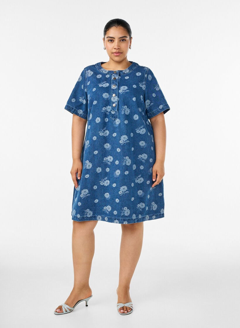 A-linje denimkjole med blomstertrykk, Bl&aring;, Model image number 1
