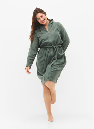 Morgenkåpe med glidelås og hette, Balsam Green, Model image number 3