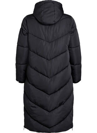 Zizzi Lang pufferjakke med hette og lommer, Black, Packshot image number 1