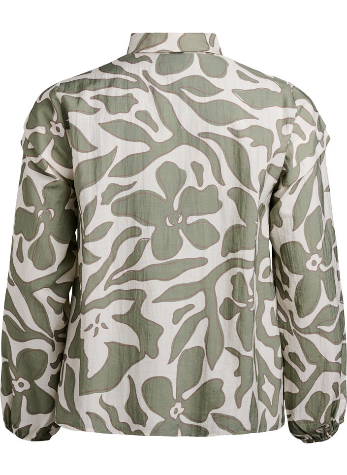 Trykt skjortebluse med rysjedetaljer, Grønn, Packshot image number 1