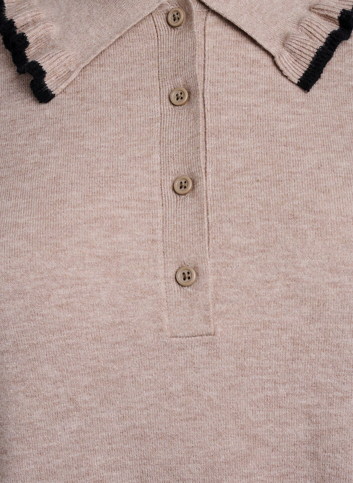 Strikkebluse med krage og kontrastvolang, S. Taupe Mel w Black, Packshot