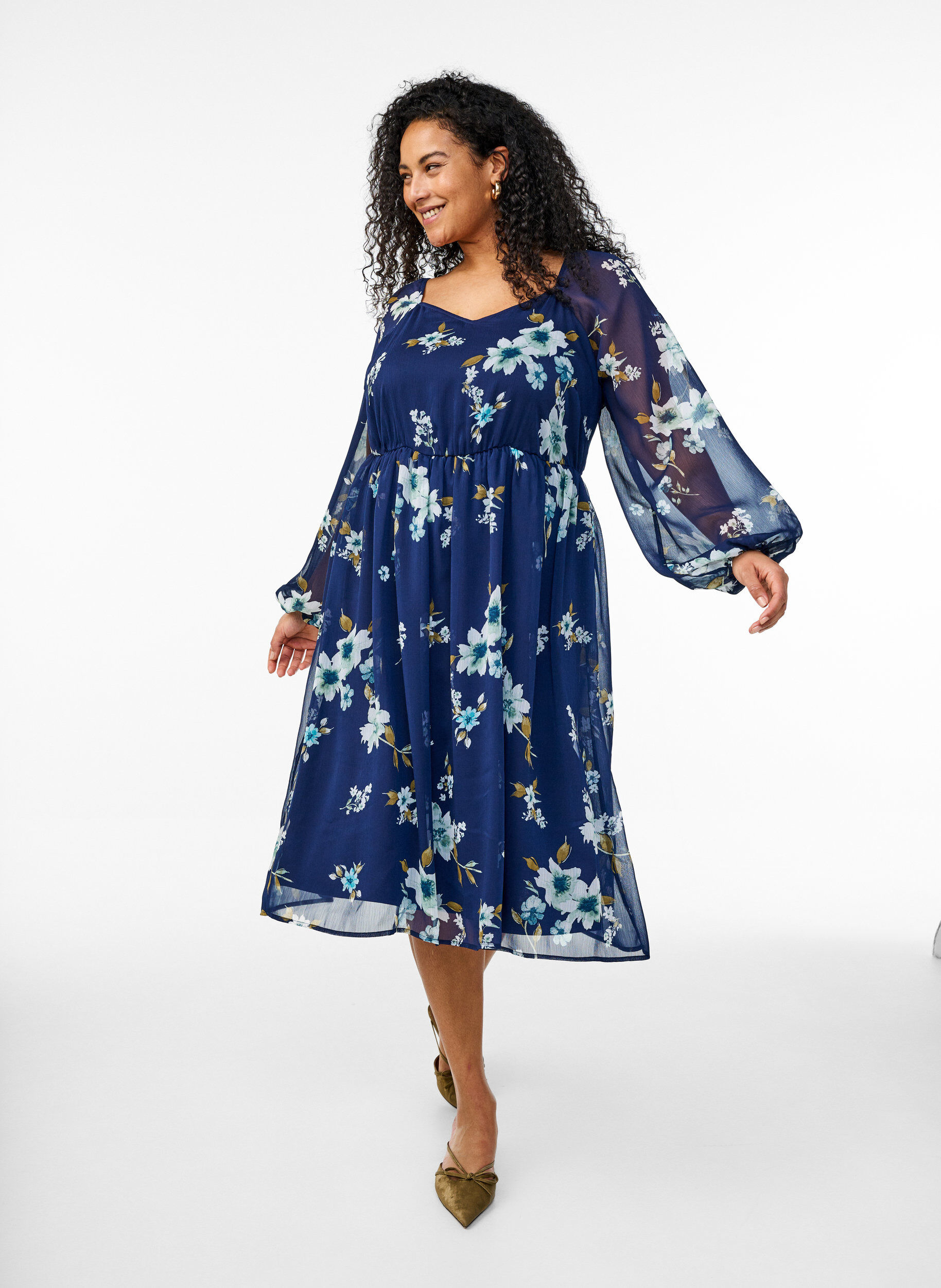 Chiffon festkjole med lange ermer, Bl&aring;, Model