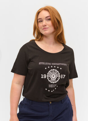 Kortermet T-skjorte i bomull med trykk, Black, Model image number 0