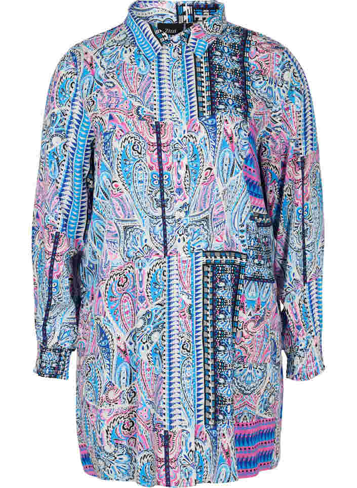 Lang viskoseskjorte i paisleymønster, Blue Pink Paisley , Packshot image number 0
