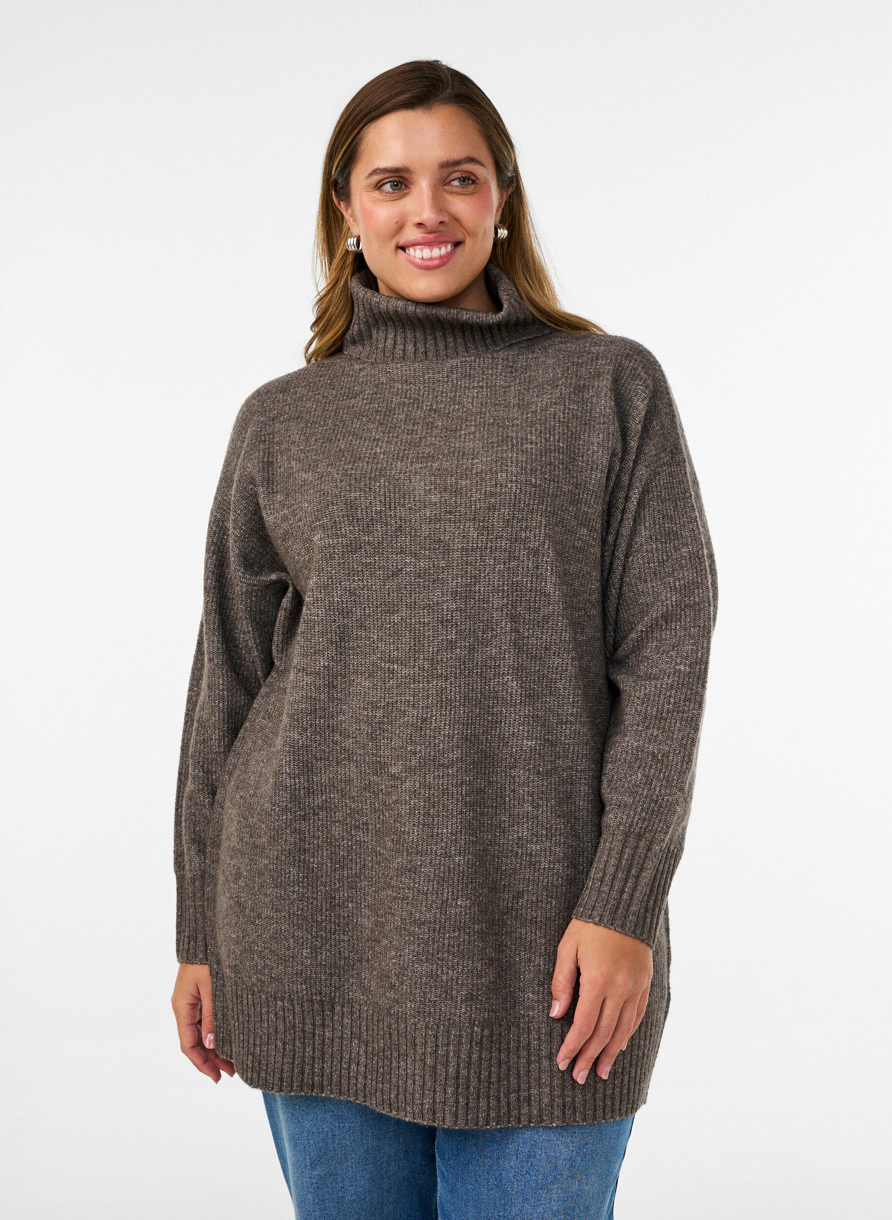 L&oslash;s strikket genser med rullekrage, Brun, Model