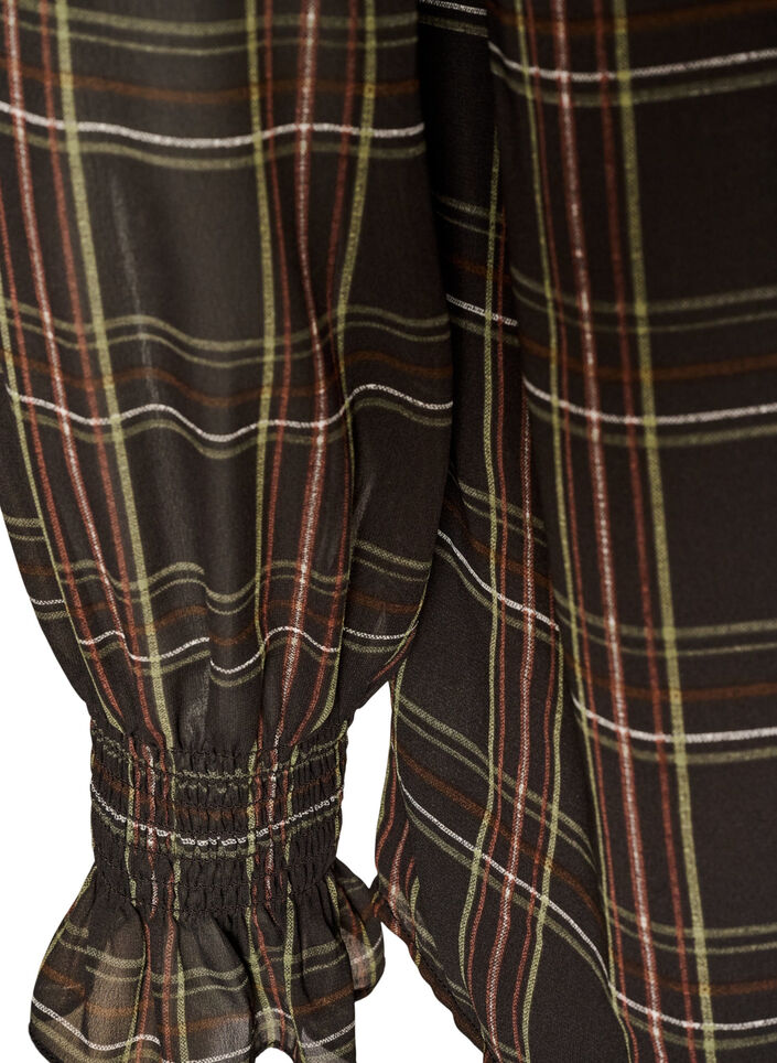 Bluse med rutete og rysje detaljer, Gr&oslash;nn, Packshot image number 3